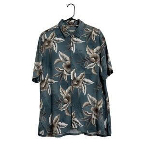 Batik Bay Mens XL Tropical Floral Rayon Button Down Shirt Teal Hawaiian Aloha